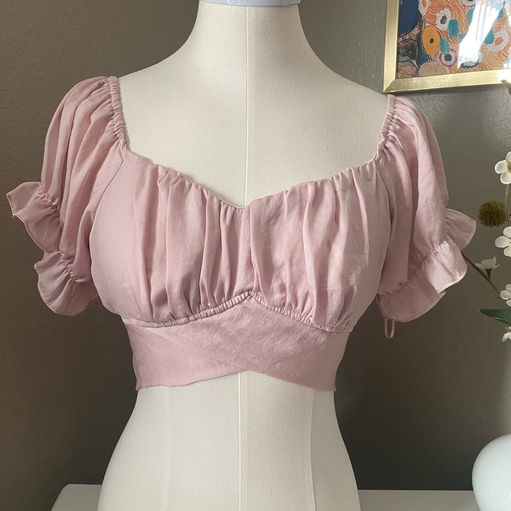 O.Vianca Pink Ruffle Sleeve Crop Top